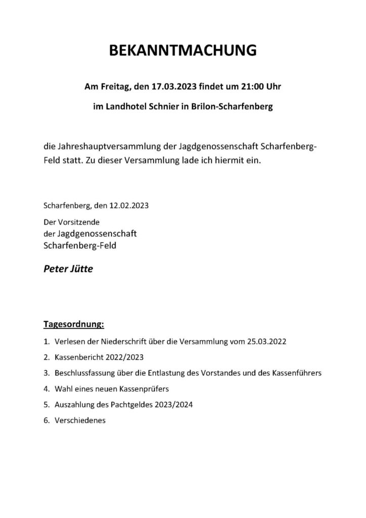 Bekanntmachung_2023 Jagdgenossenschaft Scharfenberg-Feld