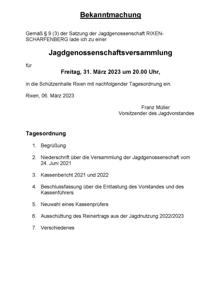 Bekanntmachung_2023_Jagdgenossenschaft Rixen-Scharfenberg